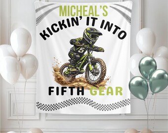 Dirt Bike 5th Birthday Banner, Fifth Birthday Racing Party Backdrop, Custom Motocross Wall Tapestry, Checkered Theme Party Decor