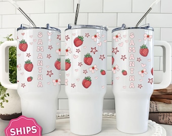 Strawberry Tumbler, 40oz Summer Tumbler for Friend, Strawberry Mug Tumbler with Handle, Summer Iced Coffee Fruit Tumbler Custom Name Tumbler
