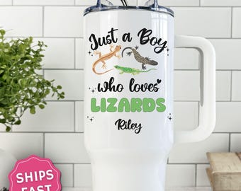 Just a Boy Who Loves Lizards Tumbler 20oz 40oz Reptile Fan Gift Personalized Lizard Lover Steel Tumbler Kid Friendly Teen Birthday Present