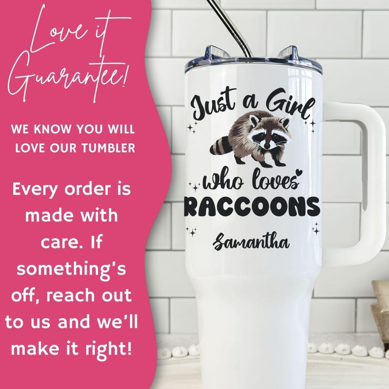 Personalized Raccoon tumbler, Custom Just a Girl Who Loves Raccoons Tumbler, Raccoon Tumbler with handle, Raccoon Lover Gift, Raccoon 40 oz image 9