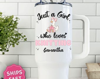 Personalized Knitting Tumbler, Custom Just a Girl Who Loves Knitting Tumbler, Knitting Tumbler with handle, Knitting Lover Gift, Knitting 40