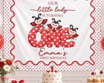 Ladybug First Birthday Banner, Personalized Birthday Banner, Little Lady Turns One, 1st Birthday Backdrop, Custom Age photo backdrop