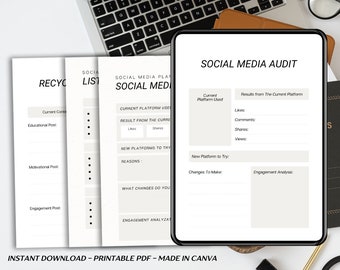 May include: A printable social media audit worksheet with sections for current platform used, results from the current platform, new platform to try, changes to make, and engagement analysis.