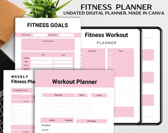 May include: A pink and white fitness planner with sections for fitness goals, weekly fitness plan, workout planner, and fitness workout. The planner is undated and made in Canva.