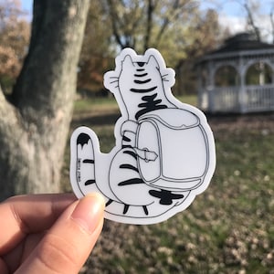 Backpack Cat - Clear Vinyl Weather Resistant Cute Cat Sticker | Travel | Waterproof | Permanent for Water Bottles + Laptops