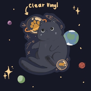 Giddy Goes to Space - Clear Vinyl Weather Resistant Cute Cat Sticker | Waterproof | Permanent for Water Bottles + Laptops