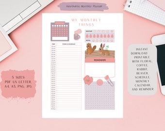 May include: Aesthetic monthly planner printable with floral, coffee, rabbit, and beaver illustrations. Includes a schedule, monthly calendar, and reminder section. Available in PDF US Letter, A4, A5, PNG, and JPG formats.