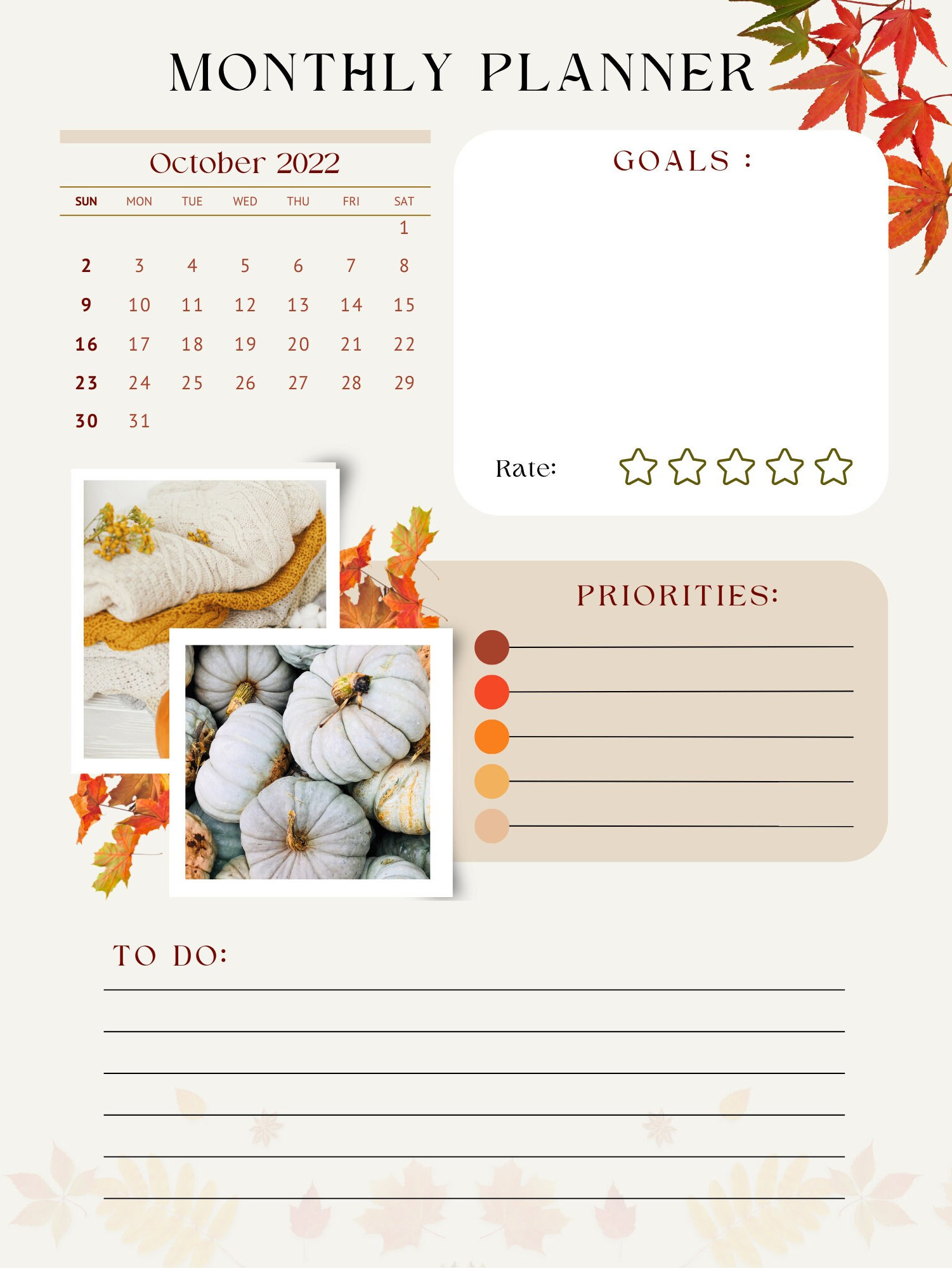 Printable Fall Themed Monthly Planner - Etsy