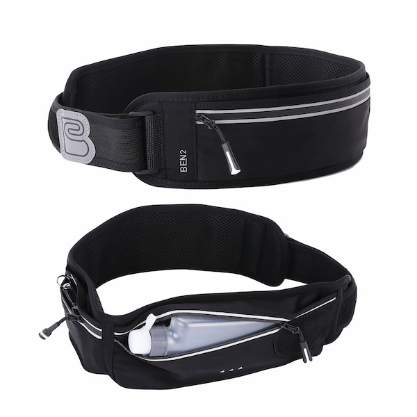 Running Belt with Water Bottle Holder, Running Hydration Belt Phone Holder Money Belt Mobile Phone Bag Waist Pack (25-36" waistline) Black