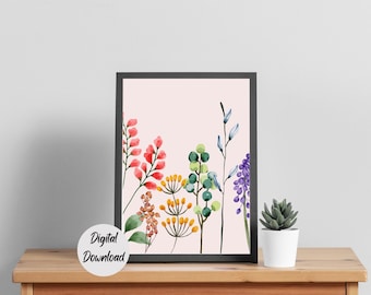 Printable wall art, floral garden, watercolor flowers, rainbow decor, print at home art, botanical aesthetic, minimalist art print, simple