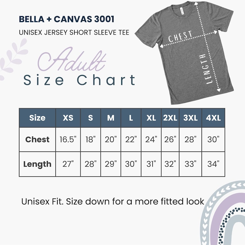 May include: A grey unisex jersey short sleeve tee with a size chart. The chart shows chest measurements from 42 cm to 76 cm and lengths from 69 cm to 86 cm. The text "Unisex Fit. Size down for a more fitted look" is also included.