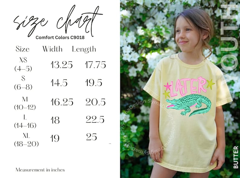 May include: A light yellow t-shirt with the word "LATER" in pink and a green alligator graphic. The shirt has a size chart with measurements in inches. The model is wearing a size small.