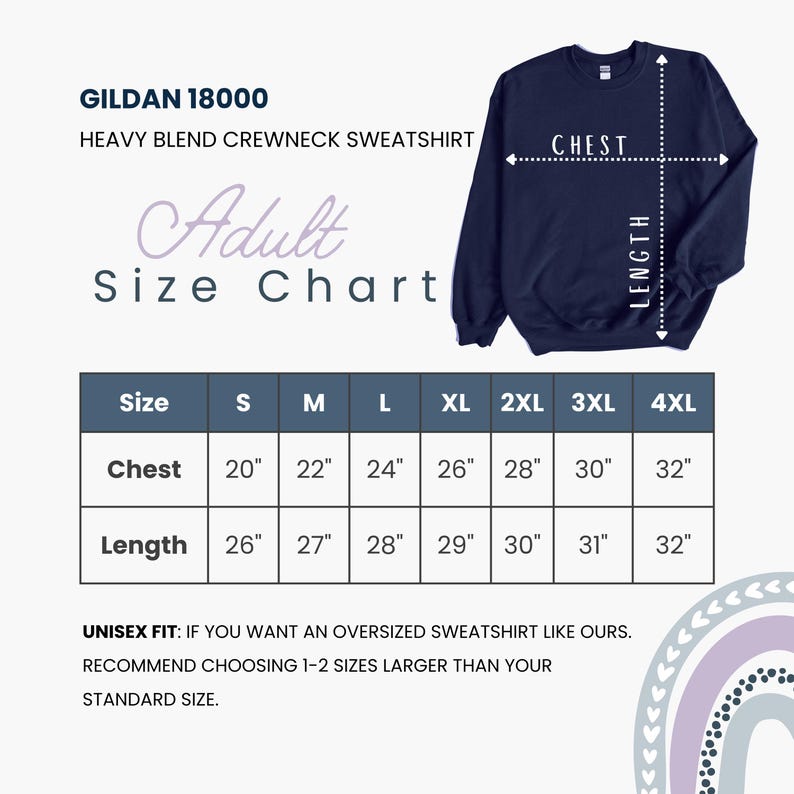 K&ouml;nnte beinhalten: Marineblaues Crewneck-Sweatshirt mit Gr&ouml;&szlig;entabelle. Die Tabelle zeigt Brust- und L&auml;ngenma&szlig;e in Zoll f&uuml;r die Gr&ouml;&szlig;en S bis 4XL. Der Text "Adult Size Chart" befindet sich &uuml;ber der Tabelle. Das Sweatshirt ist ein Gildan 18000 Heavy Blend.