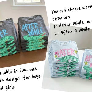 May include: Stacks of gray and light blue t-shirts with alligator graphics. The gray shirts have the words "LATER" and "AFTER WHILE" in blue. The light blue shirts say "LATER" and "AFTER A WHILE" in pink.