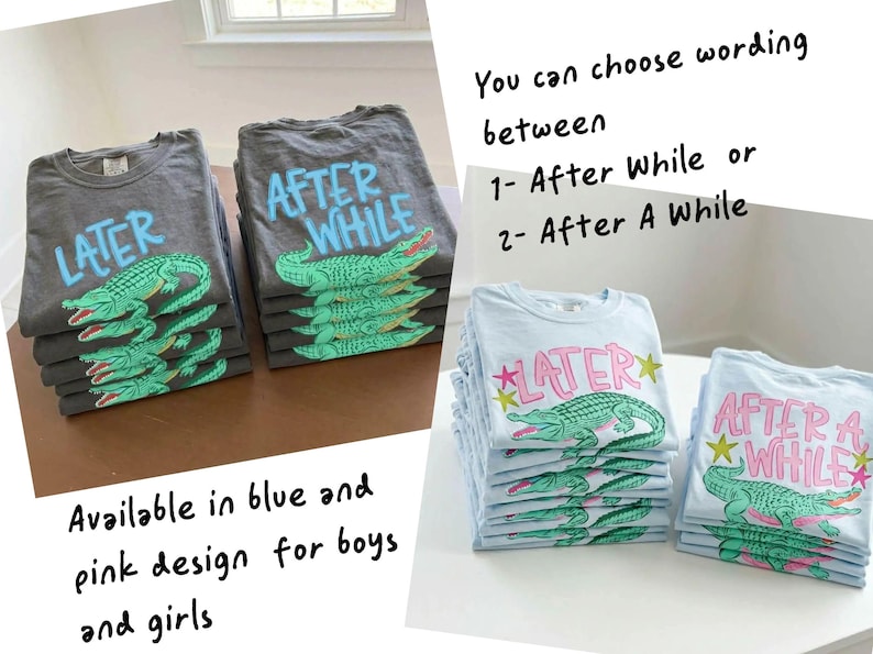 May include: Stacks of gray and light blue t-shirts with alligator graphics. The gray shirts have the words "LATER" and "AFTER WHILE" in blue. The light blue shirts say "LATER" and "AFTER A WHILE" in pink.