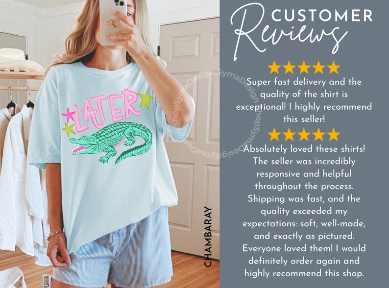 May include: Light blue t-shirt with the word "LATER" in pink and yellow stars, and a green alligator graphic. The shirt is worn with blue and white striped shorts. The image also includes customer reviews.