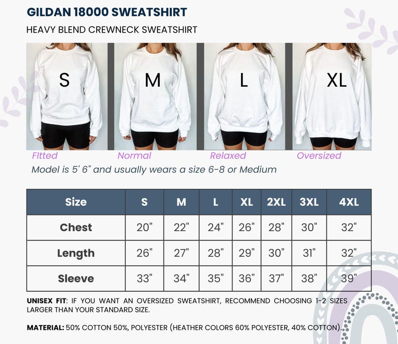 K&ouml;nnte beinhalten: Wei&szlig;es Crewneck-Sweatshirt mit Gr&ouml;&szlig;entabelle. Die Tabelle zeigt Brust-, L&auml;ngen- und &Auml;rmelma&szlig;e f&uuml;r die Gr&ouml;&szlig;en S bis 4XL. Das Sweatshirt ist unisex und besteht aus einer Baumwoll-Polyester-Mischung.