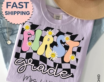 Comfort Colors® Retro First Grade Teacher Shirt, First Grade Shirt Custom First Grade Tshirt 1st Grade Team Personalized Teacher 1st Grade
