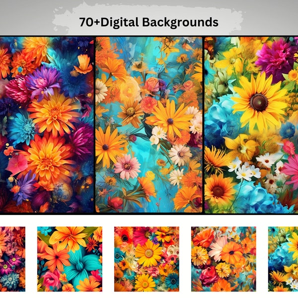 HUGE LOT 70+ Summer Flowers Digital Background, Qty 70+ Bundle Summer Floral Backdrop Overlays, Flower Backdrop, Fine Art Textures, Overlays