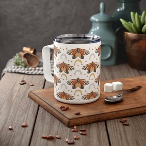 Moths and Moons Earth tones Insulated Coffee Mug, Travel Metal Cup with Lid 10oz