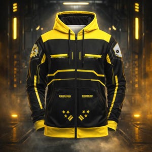 May include: Black and yellow zip-up hoodie with a hood and front pockets. The hoodie features yellow stripes and geometric designs across the chest and sleeves. The design includes stars and bar code-like patterns. The hood and cuffs are yellow.