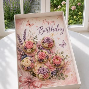 May include: A white gift box containing five round cupcakes topped with intricate floral buttercream frosting in shades of pink, purple, and cream. The box base features a printed watercolor design with lavender, butterflies, and the text Happy Birthday.