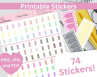 May include: Printable page flag stickers in various colors. There are 74 stickers in total. The stickers are in the shape of a rectangle with a rounded corner. The text "Printable Stickers" and "Page Flags" is visible in the image. The text "74 Stickers!" is also visible in the image.