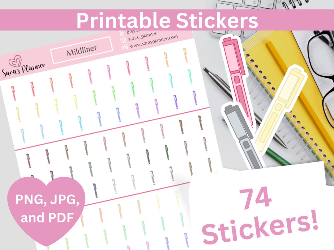 Highlighter Printable Stickers, Pen Doodle Instant Download PDF, PNG