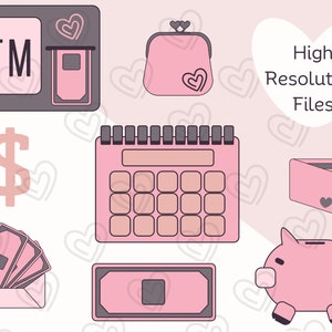 May include: Pink and gray illustrations of financial items, including an ATM, a dollar sign, a calendar, a piggy bank, a wallet, an envelope with cash, and a bill. The text "High Resolution Files" is in a white circle on a pink background.