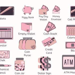 May include: A set of pink and gray illustrations of various items related to money and finance, including a piggy bank, a wallet, a check, a credit card, a coin jar, an ATM machine, a dollar sign, a calendar, a cell phone, a monitor, a tablet, a mechanical pencil, a coin purse, and a bill.