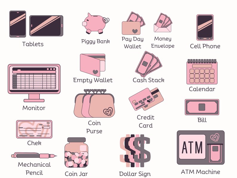 May include: A set of pink and gray illustrations of various items related to money and finance, including a piggy bank, a wallet, a check, a credit card, a coin jar, an ATM machine, a dollar sign, a calendar, a cell phone, a monitor, a tablet, a mechanical pencil, a coin purse, and a bill.