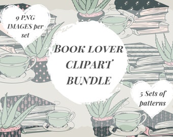 Book Lovers Clipart, Green, Digital Download, Handmade, Pattern, Scrapbooking, Journal, Coffee PNG,  Reading PNG, Printable Planner Icons