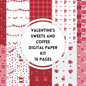 Valentinstag Muster digitales Papier, Valentinstag Thema Scrapbook Papier, druckbares digitales Papier, rot kariert, Kaffee, Kuchen Scheibe Muster