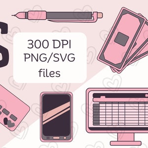 May include: A set of pink and black digital illustrations of a dollar sign, a credit card, a smartphone, a computer monitor, a pen, and cash. The text "300 DPI PNG/SVG files" is also included in the image.