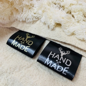 100 StückSchwarze Satinetiketten mit Gold- oder Silberdruck,Pflegeetiketten, individuelle Kleidungsetiketten, personalisierte Textiletiketten, Logotext, Pflegehinweise