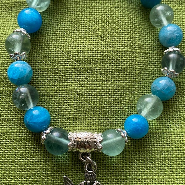 Blue Apatite & Flourite  Bracelet, real crystals, 8mm beads, fish charm