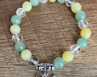 Clear Quartz Yellow Jade Green Aventurine Angel Charm Stretch Bracelet | Angel Guidance Bracelet | Protection Luck Prosperity Gift