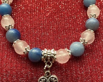 Pulsera con dije de corazón de cuarzo rosa y aventurina azul / Joyería elástica hecha a mano con piedras preciosas