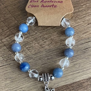 Blue Aventurine and Clear Quartz Bracelet, real crystals, 8mm beads, with butterfly charm