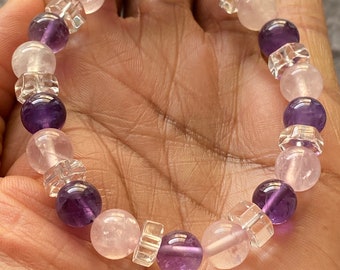 Amethyst, Rose Quartz, and Clear Quartz Bracelet, real crystals, 8mm beads