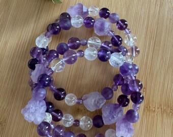 Amethyst & Clear Quartz Memory Wire Bracelet | Layered Gemstone Wrap Jewelry | Handmade Gemstone Jewelry