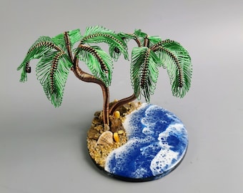 Palmera de alambre pequeño, 11cm/4.3", amante de la playa, arte de verano hawaiano, Islas de Hawái, árbol bonsái de cobre, playa de resina epoxi, regalo para mamá