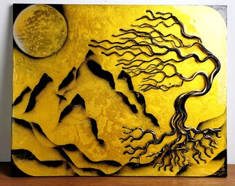 Gold Painting, Bonsai Tree, 50x40cm, Epoxy Resin Art, 3D Wall Decor, Japanese Decor, Original Gift, Zen wall art, bonsai wall art