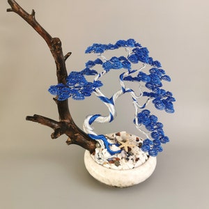 Silver and Blue wire bonsai, 44cm/17.3in, japanese altar tree, spiritual art, potted ornaments, zen decore, nautical decorations image 4