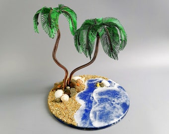 Miniature Palm Tree, 23cm/9", beach lover, wire bonsai tree, beach in a pot, shell accents, hawaii art,  sea waves, desk decorations