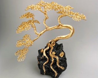 Gold Miniature Bonsai, 18cm/7.1in, Handmade wire art Tree, unique gift ideas, copper lucky tree, brass tree of life, sculpture, anniversary