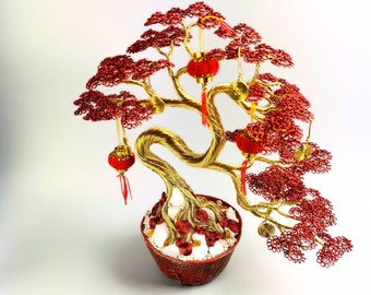 Japanese style handmade tree of life, 35cm/13.8in, red gold wire artificial Bonsai, ceramic pot, gold anniversey gift, romantic gifts