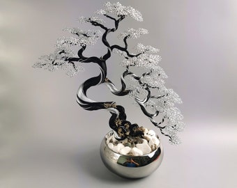 Handmade Aluminum Wire Bonsai Tree, Silver Black, Zen Garden Decor (35cm/13.8in)