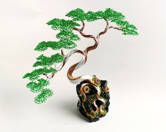 Handgefertigter Draht-Bonsai-Baum, grüne Kupfer-Skulptur, Zen-Garten-Dekor (23 cm / 9 in)