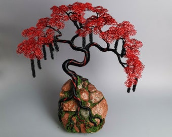 Árbol Bonai de Alambre Rojo, 40cm/15.7in, árbol hecho a mano de cobre metálico, árbol bonai de alambre, tallado en piedra, dedicatoria grabada, regalo de nuevo hogar